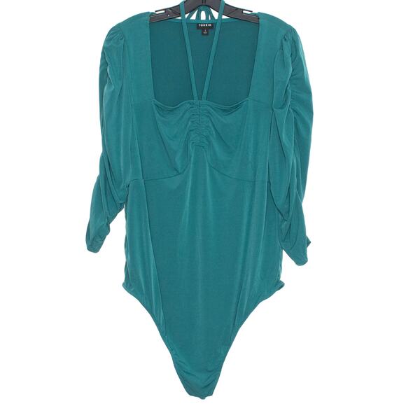 Torrid Bodysuit Ruched Halter Tie 3/4 Puff Sleeve Boho Cottage Retro Green 1 1X - Picture 7 of 7
